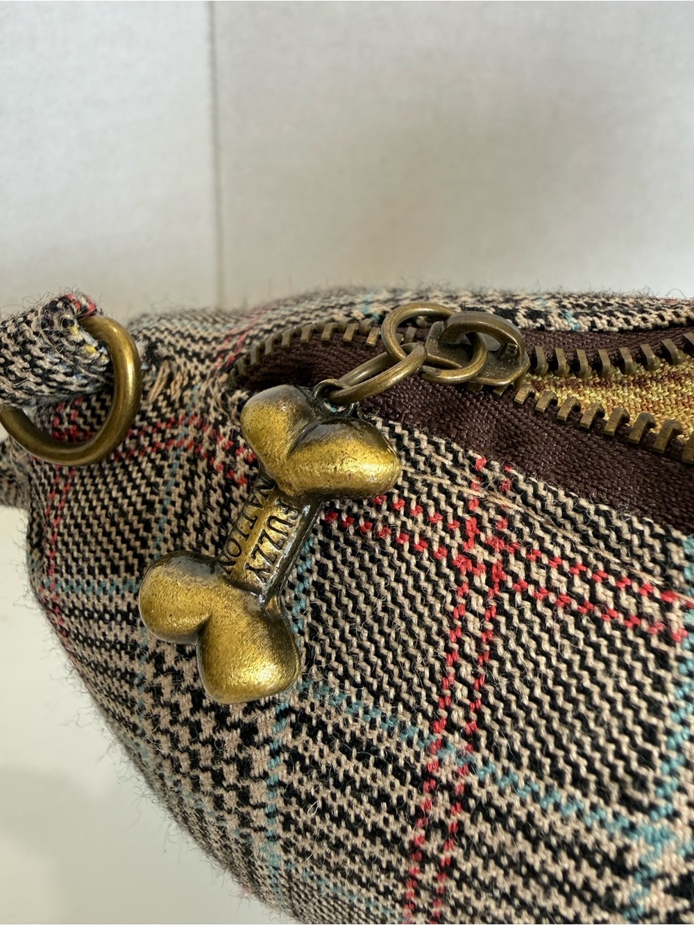 Plaid Dachshund Puppy Mini Bag - Fuzzy Nation Gray/Tan Plaid - Picture 8 of 10